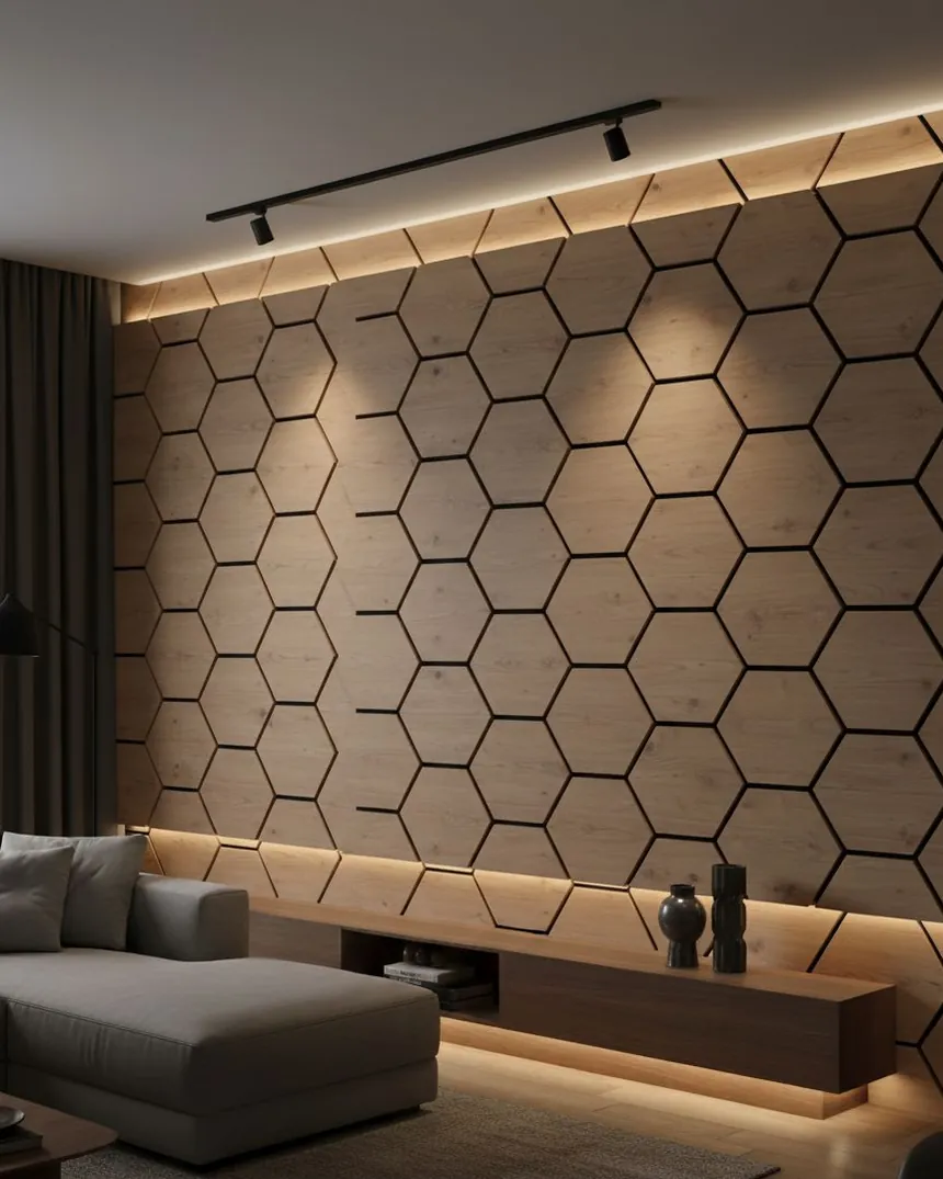Dnevna soba sa zidom od hexagon akustičnih panela